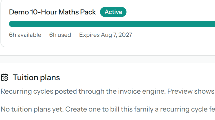 Zoom crop of a live package meter: Demo 10-Hour Maths Pack, active — 6h available, 6h used