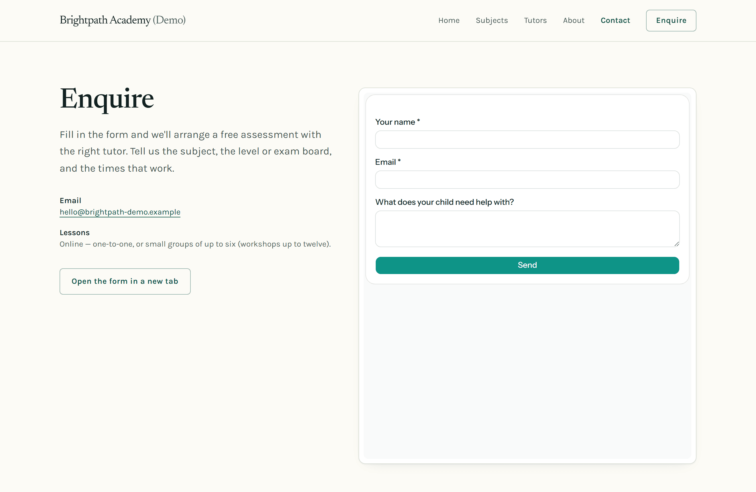 The Brightpath demo site's enquiry page with the embedded ClassBold hosted form — name, email and message fields