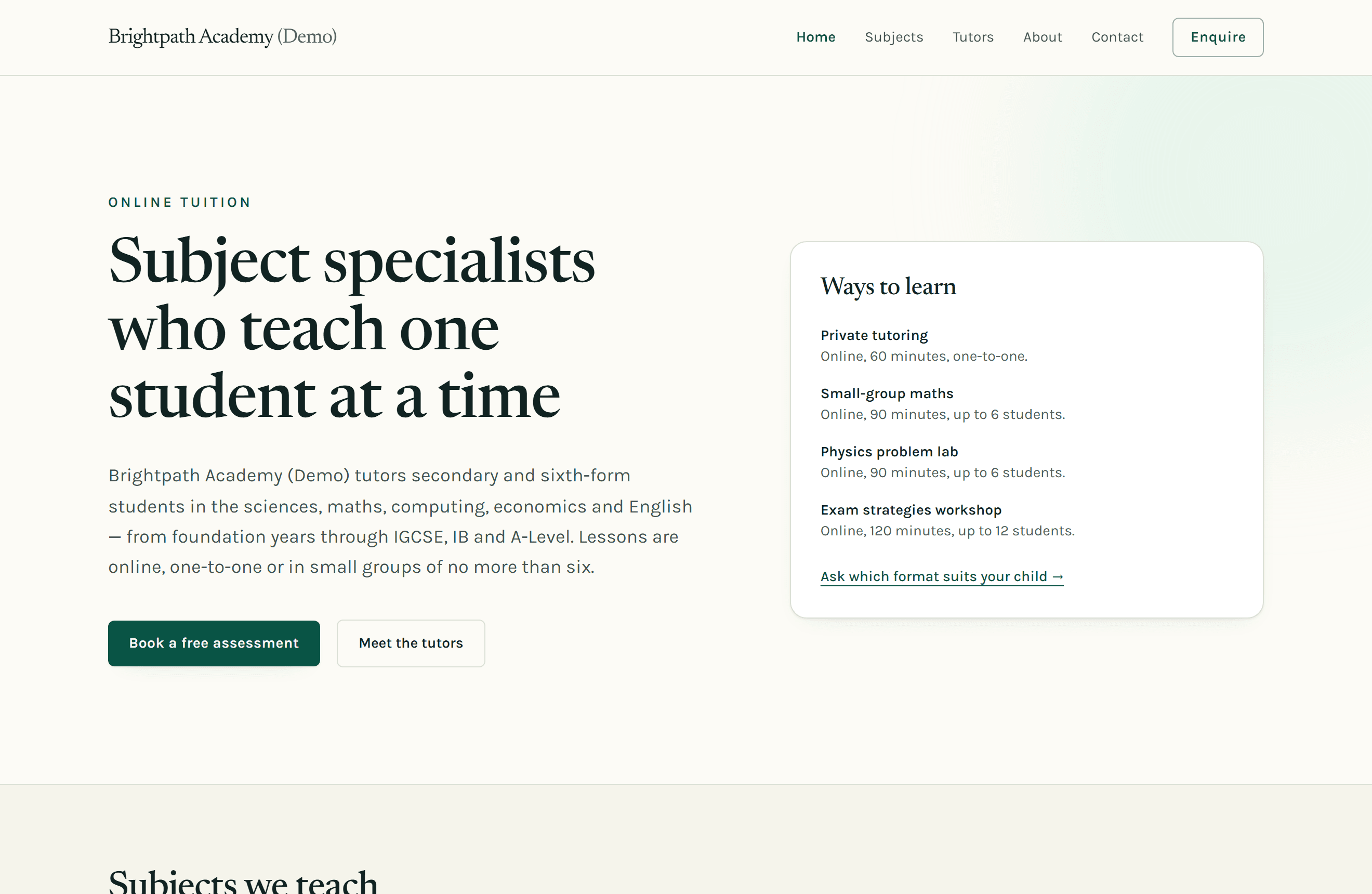 The Brightpath Academy demo site's homepage — a tutoring academy website generated from its ClassBold website prompt