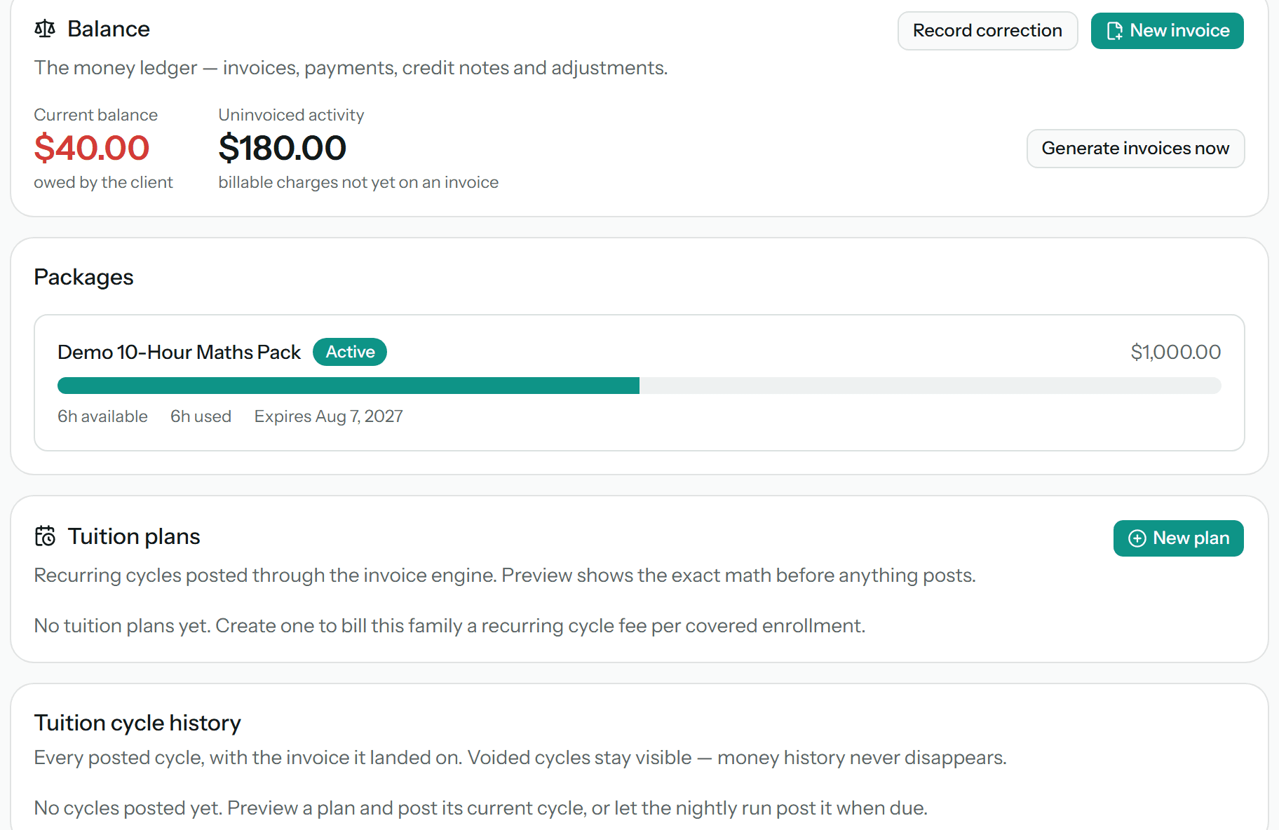 A family's billing page: current balance, uninvoiced activity, and a package with a live meter — 6h available, 6h used