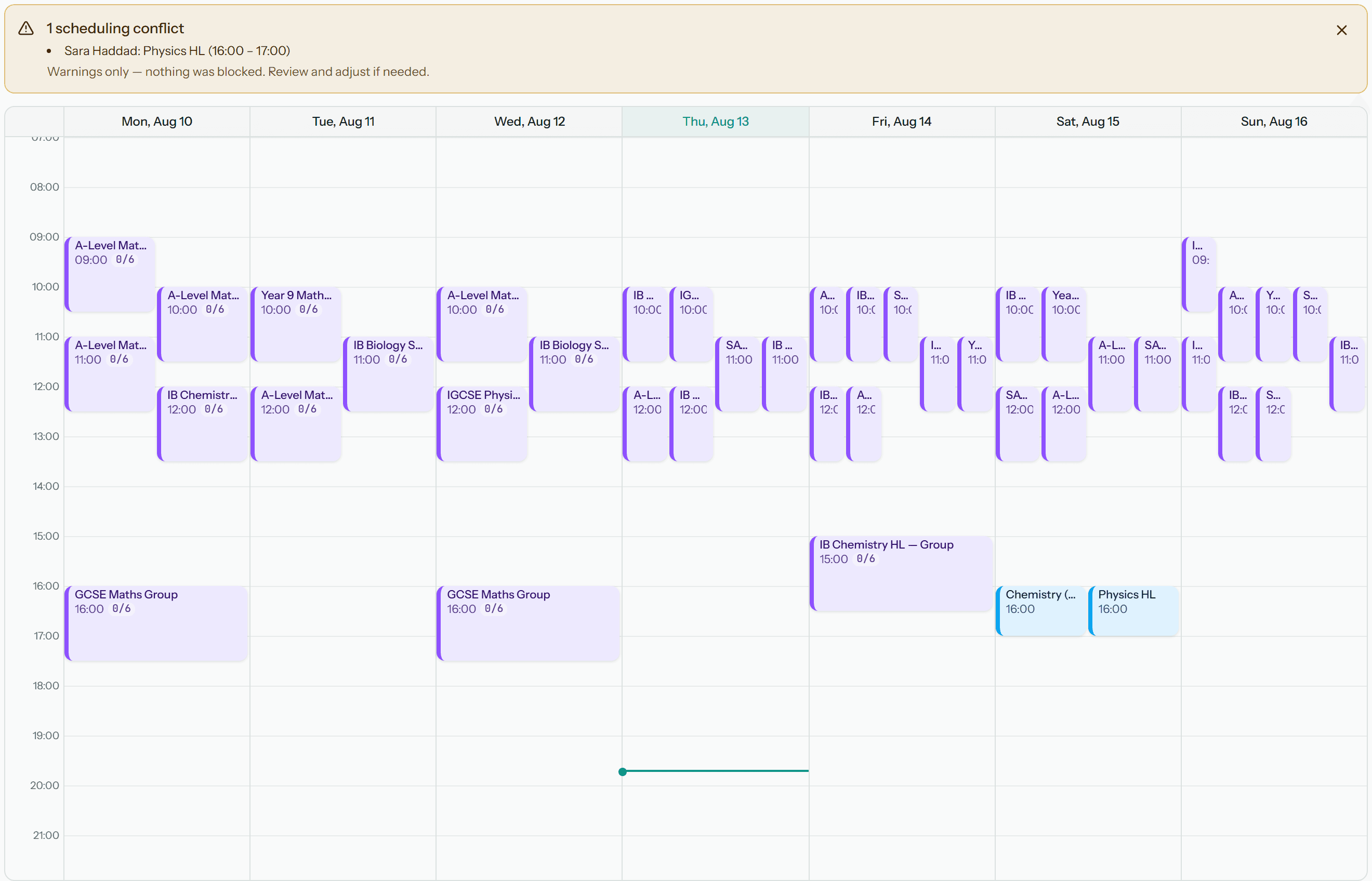 The ClassBold week calendar with an amber scheduling-conflict banner: Sara Haddad, Physics HL, 16:00–17:00 — warnings only, nothing blocked