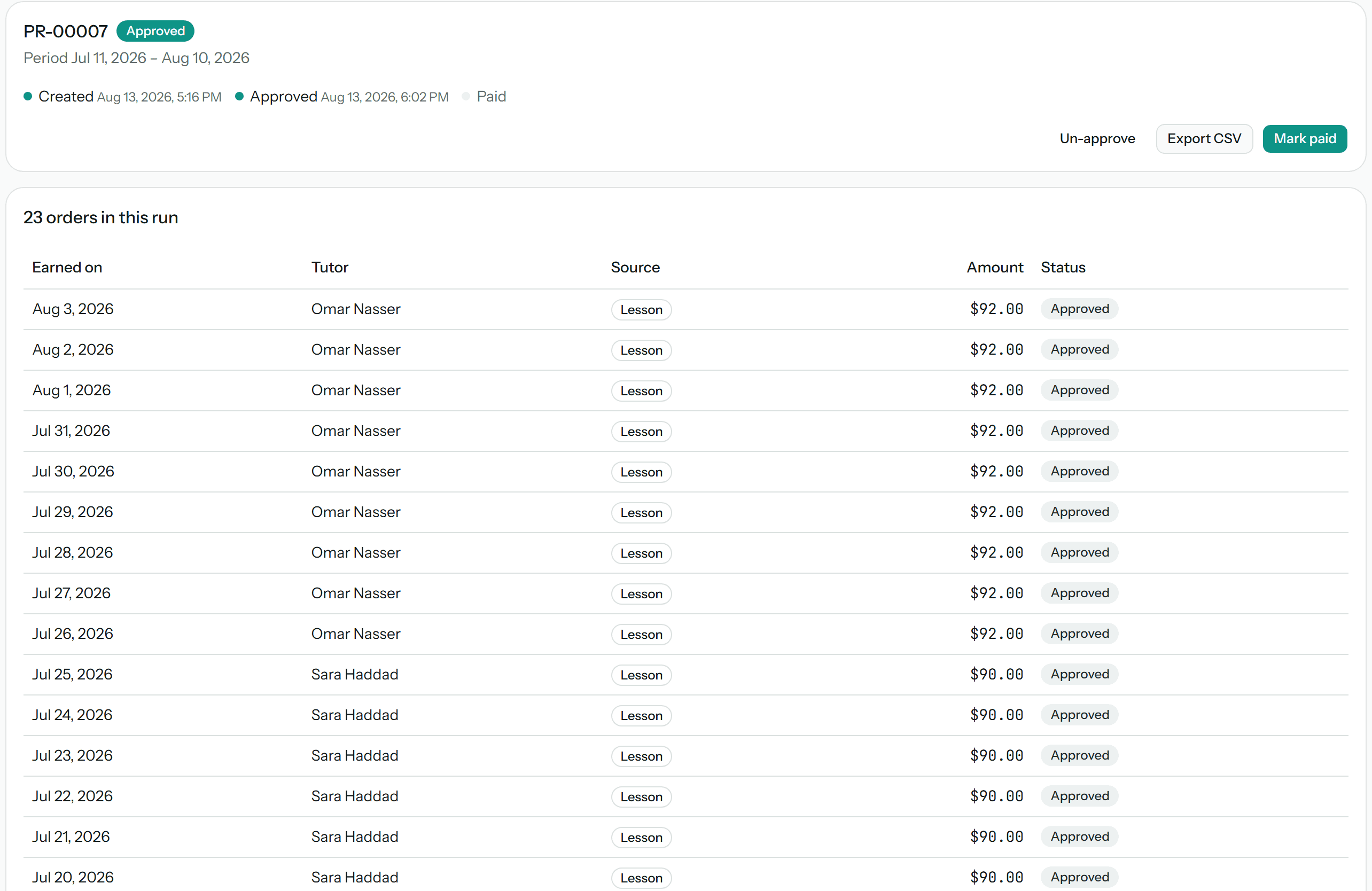 Payroll run PR-00007, approved: created → approved → paid timeline and 23 attached lesson orders with per-tutor amounts